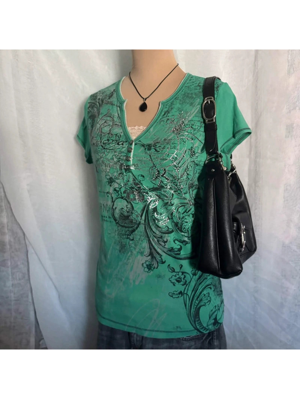 green grunge y2k henley tee